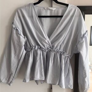 Zara Blue Wrap Peplum Blouse Long Sleeve V-Neck Women’s Size M
